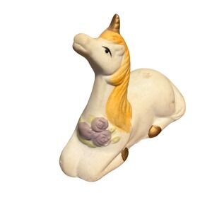 Vintage Ceramic Reclining Unicorn Figurine Gold Horn Floral Accent White Matte